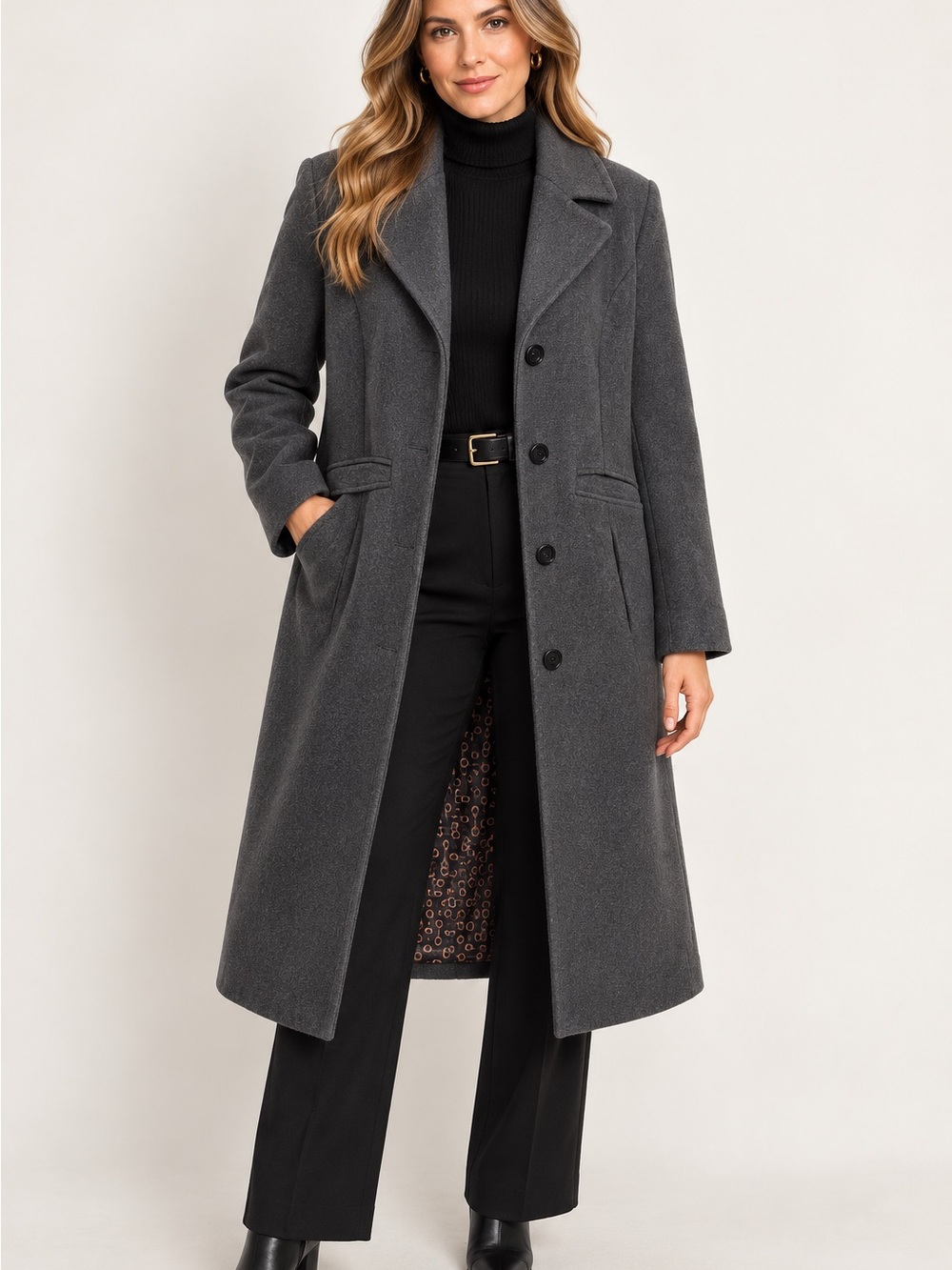 Jaclyn Smith Charcoal Gray Long Single-Breasted Wool Coat tailored size Large